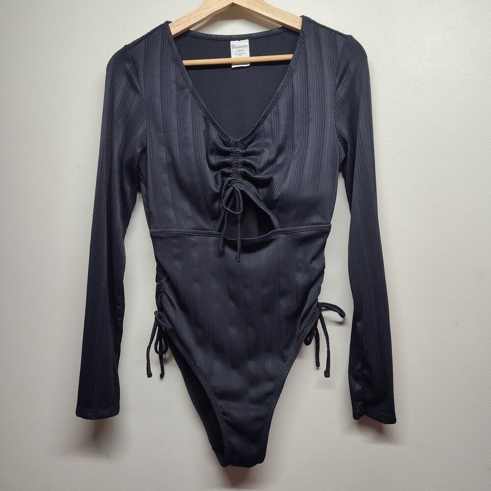 No Boundaries One Pice Swimsuit Women L Black Long Sleeve Stretch Padded Beach